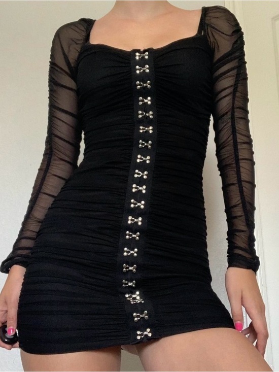Forever 21 Dresses & Skirts - Forever 21 Black Ruched Mesh Hook & Eye Bodycon Dress Size Small Goth Coquette